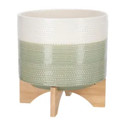 Maceta de Cerámica Con Base de Bambú 27 x 21 cm Casaideas