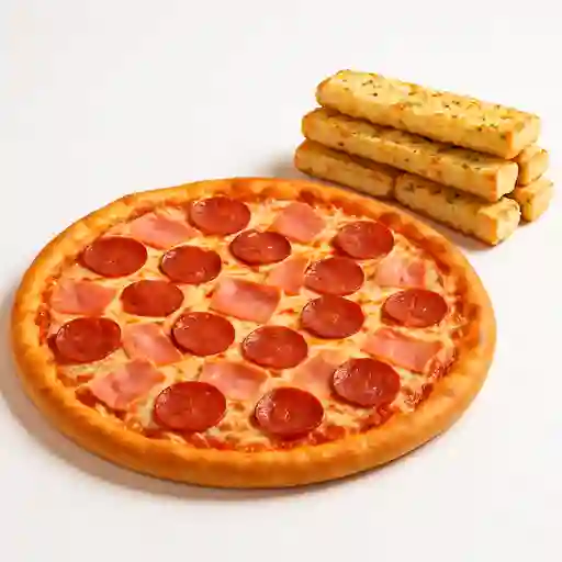 Pizza Jamón Chorizo y Queso + Pan de Ajo y Queso X10
