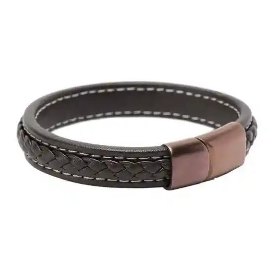 Pulsera Cuero Marrón Detalle Trenzado Broche