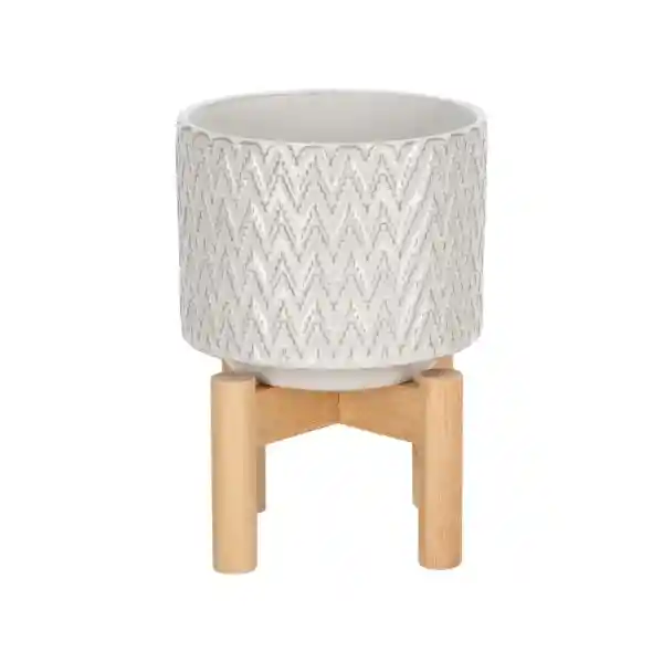 Maceta de Cerámica Con Base de Bambú 14 x 12 cm Casaideas