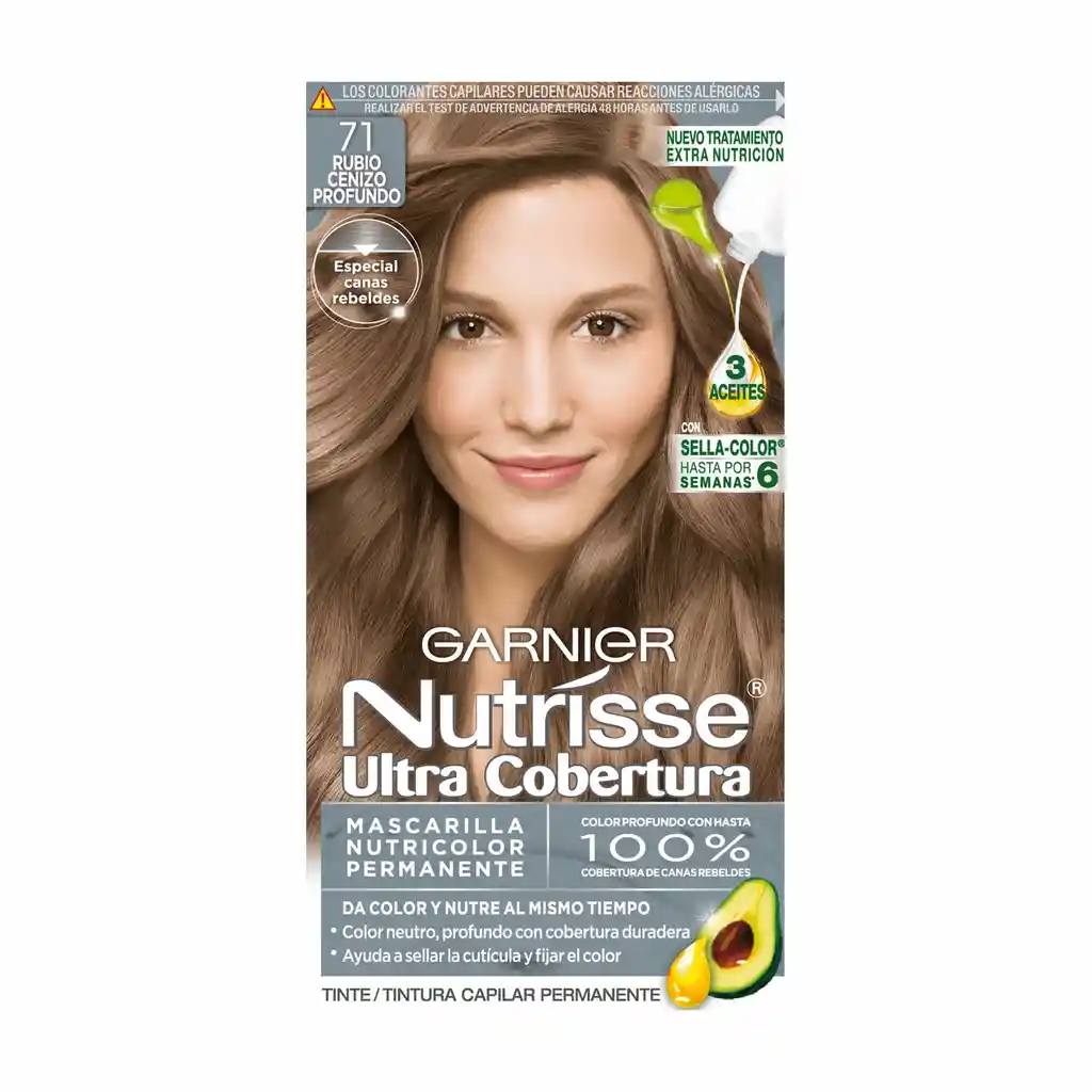 Garnier-Nutrisse Tinte Capilar Permanente Ultra Cobertura Tono 71 Rubio Cenizo Profundo