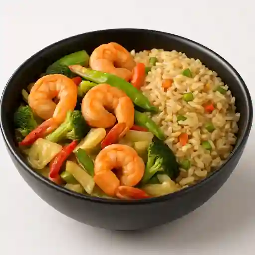 Chapsui de camarones con arroz chaufán