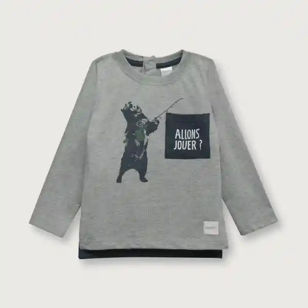 Polera Manga Larga Estampado de Oso Color Gris Talla 18M Opaline