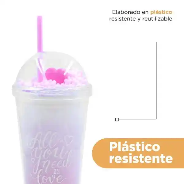 Vaso Con Tapa y Popote Doble Capa Miniso