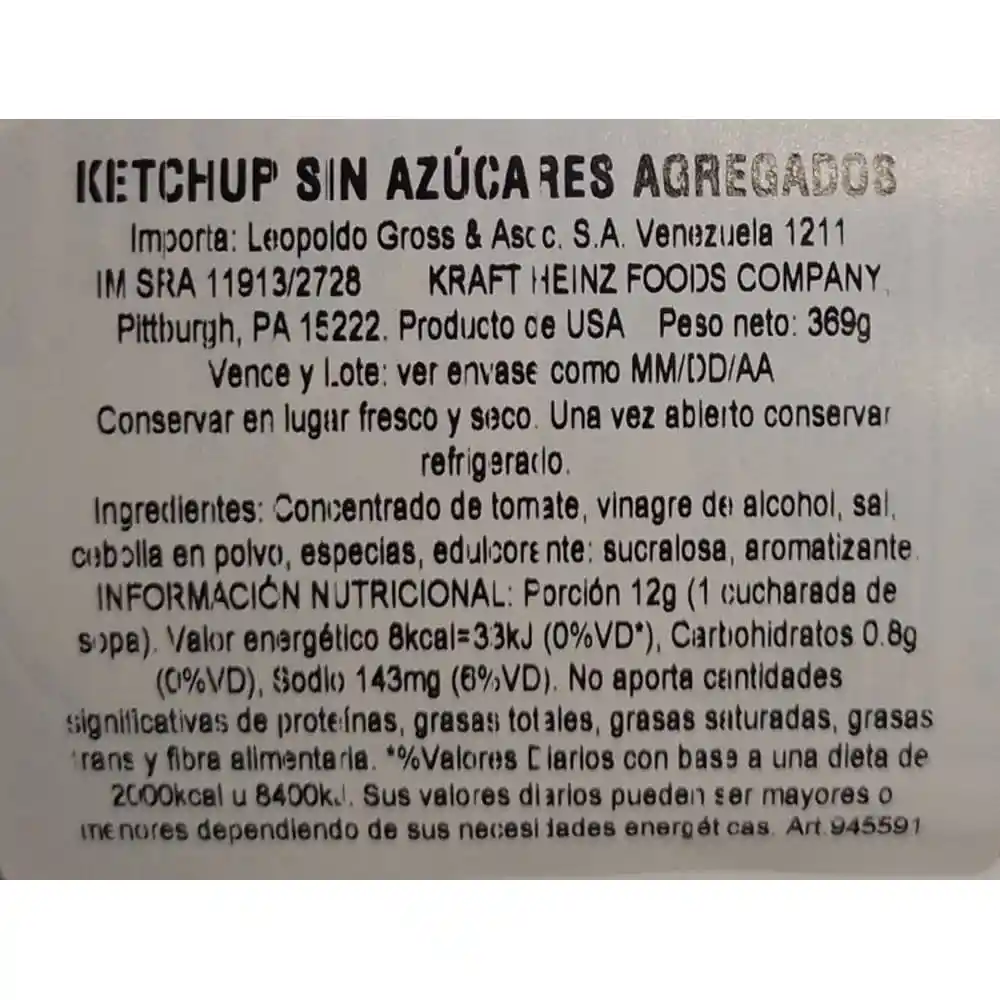 Heinz Ketchup Reducción Azucar