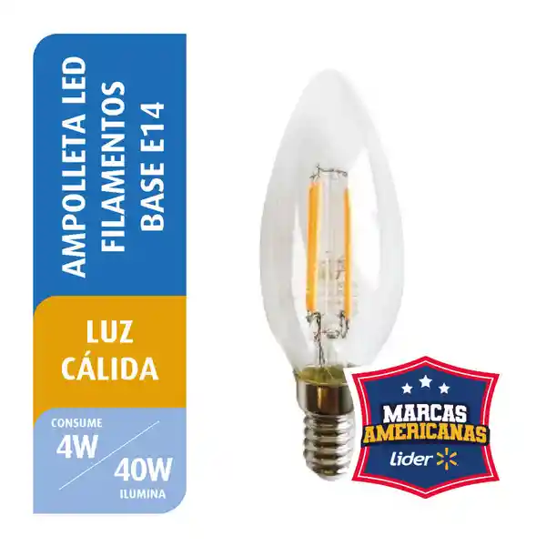 Ampolleta Led Filamento Vela 4W Luz Cálida E14 Great Value