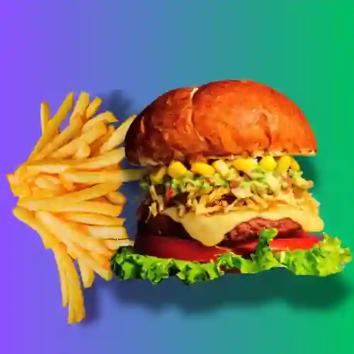 Burger Veganísima + Papas Fritas