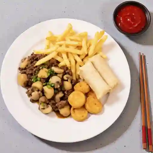 Combo carne champiñón con papa.