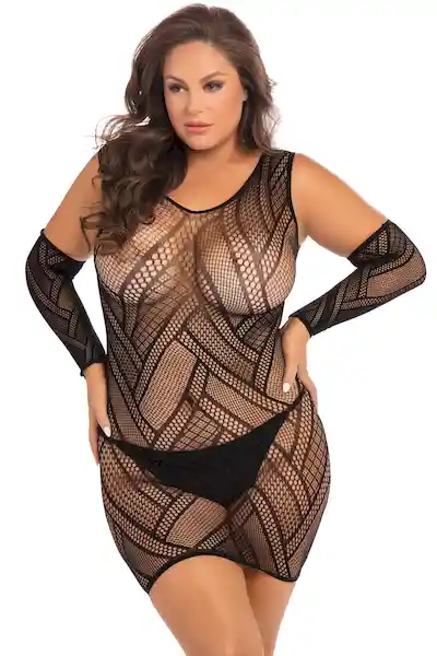 Vestido Mini Con Mangas de Malla Negro Talla Plus