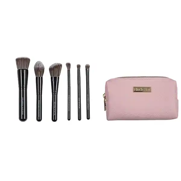 Blush-Bar Kit Brochas Para Cara y Ojos Con Cosmetiquero Rosado