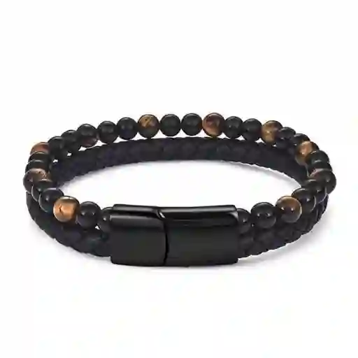 Pulsera de Piedra Ojo de Tigre y Cuero Negro