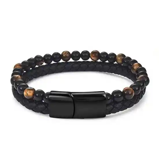 Pulsera de Piedra Ojo de Tigre y Cuero Negro