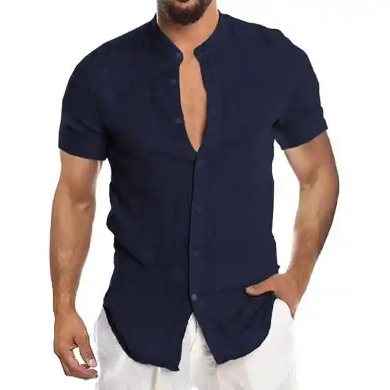 Camisa de Lino Manga Corta Cuello Mao Azul