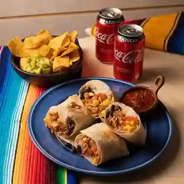 2 Burritos, 2 Bebidas y Nachos con Guacamole