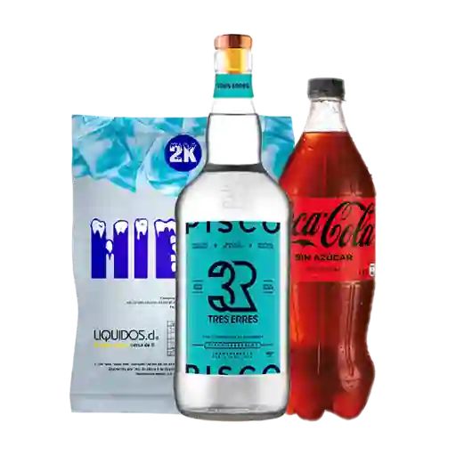 3R Pisco Transparente + Coca-Cola Gaseosa Zero + Hielo Líquidos