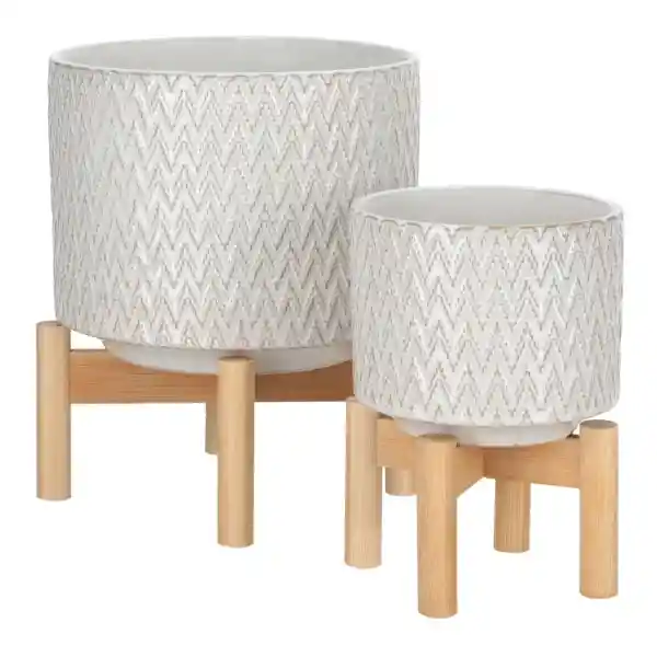 Maceta de Cerámica Con Base de Bambú 14 x 12 cm Casaideas