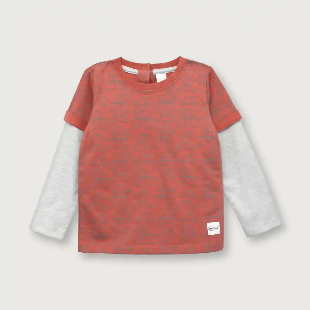 Polera Doble Manga De Niño Terracota Y Gris Talla 6m