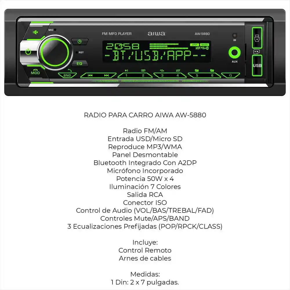 Radio 1din Fm/bt/usb X 2 Aiwa Aw-5880 Negro