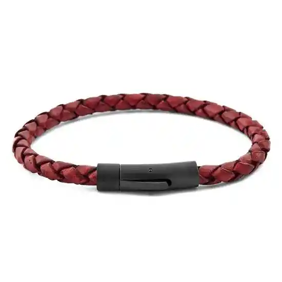 Pulsera Cuero Trenzado Con Broche de Acero Presión Pequeña Rojo