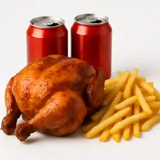 Pollo Asado Entero con 2 Bebidas 350 ml y Papas Fritas