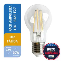 Pack Led Filamento A60 6W Luz Cálida E27 Great Value