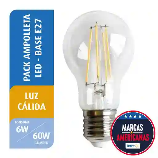 Pack Led Filamento A60 6W Luz Cálida E27 Great Value