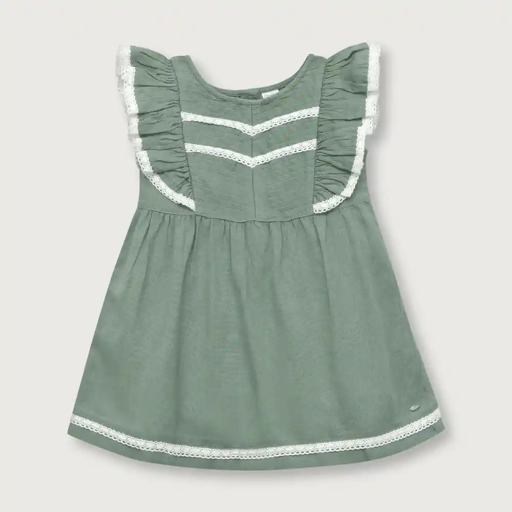 Vestido De Lino Niña Oliva Talla 9m