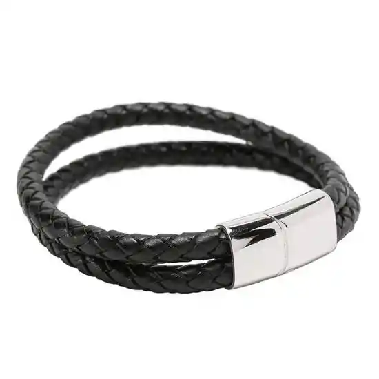 Pulsera Doble Cuero Tejido Con Broche Magnético Negro