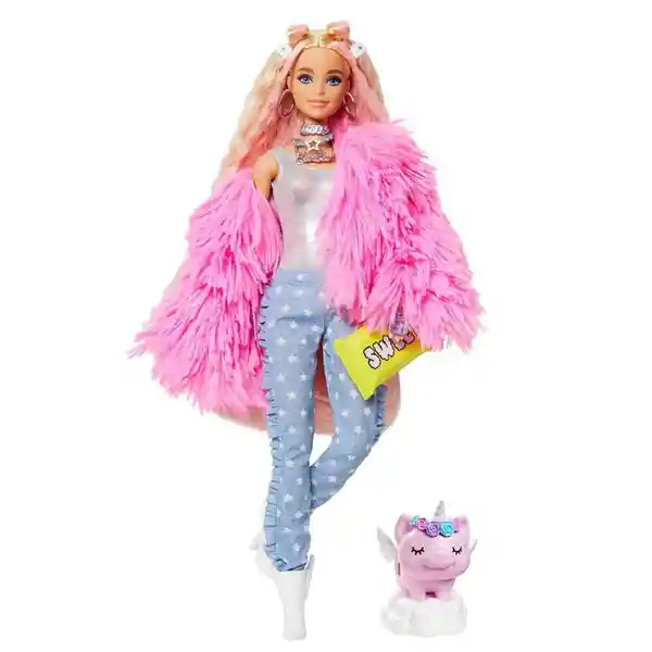 Barbie Muñeca Extra Con Accesorios Abrigo Rosa