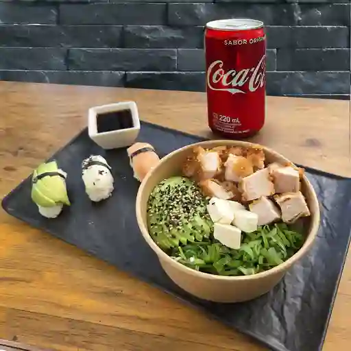 Gohan pollo apanado + nigiris + lata