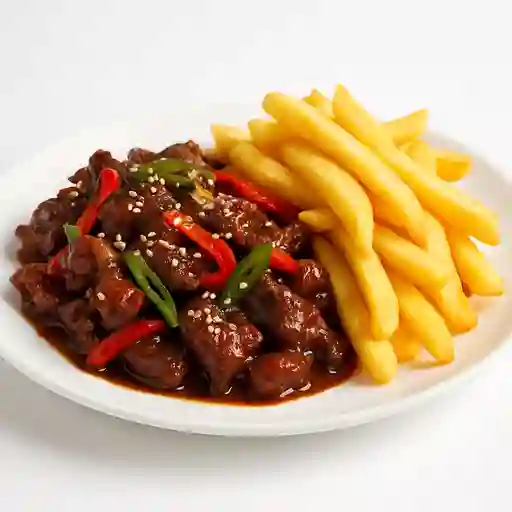 Colacion carne mongoliana - papas fritas