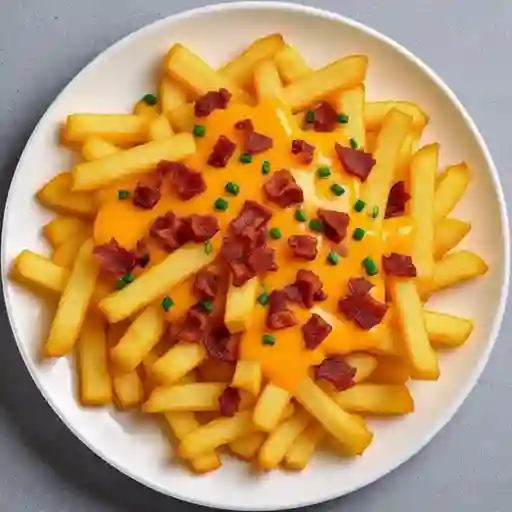 Papas Fritas + Queso Cheddar + Ciboulette + Tocino