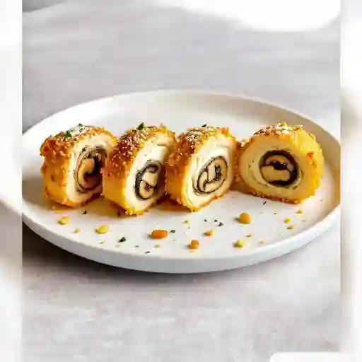 Envuelto En Pollo Apanado En Panko Y Relleno De Champignon, Queso Crema Y Almendras Tostadas.