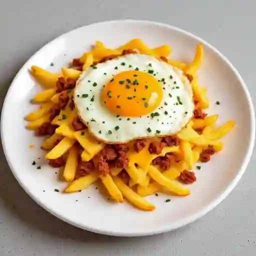 Papas Fritas Chicas (350grs) + Queso Cheddar Y Gouda + Chorizo + Huevo