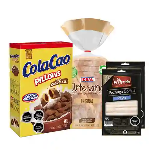 Combo Cola Cao Cereal de Trigo Pillows Chocolate Ideal Pan Blanc