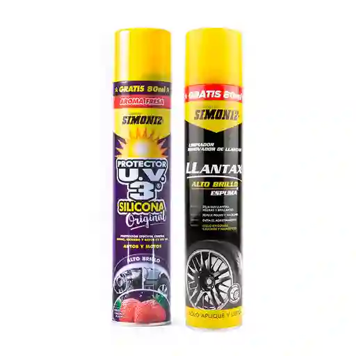 Pack Simoniz: Silicona Protector Uv 3 Aroma Fresa Frasco 400 Ml + Limpiador Renovador De Llantas Llantax Frasco 400 Ml