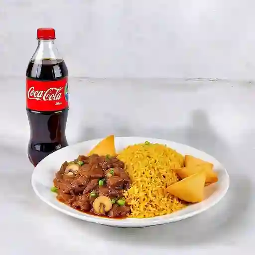 Colacion Carne Champinon Con Arroz Chuafan+5 Unidades De Wantan Fritos + Bebida 350mi,Sabor Coca Cola O Fanta.