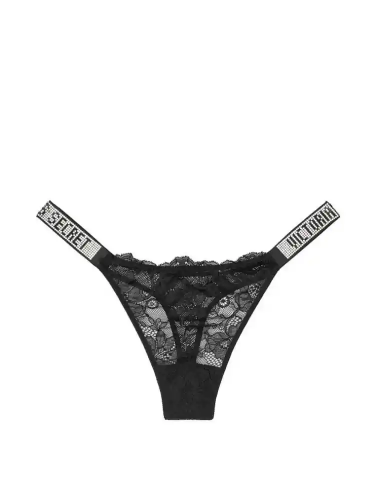 Victoria's Secret Panty Thong de Encaje Con Tiras Negro Talla L