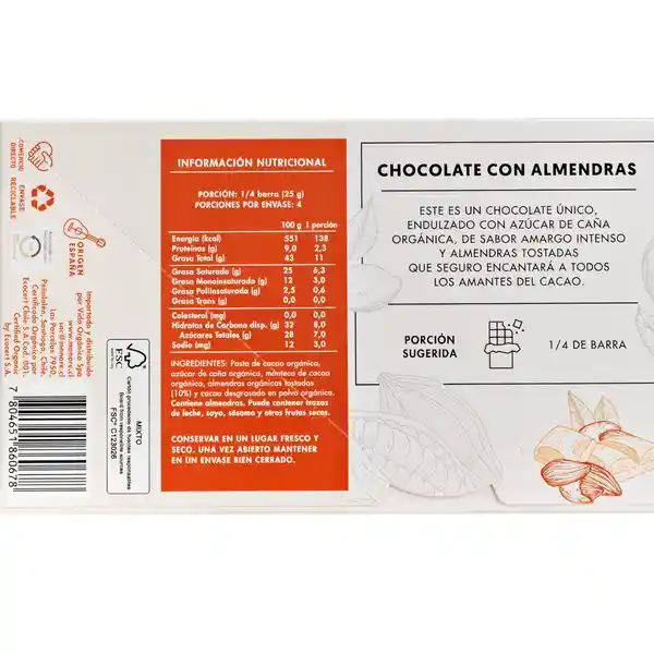 Manare Chocolate 70% Cacao Orgánico Con Almendras