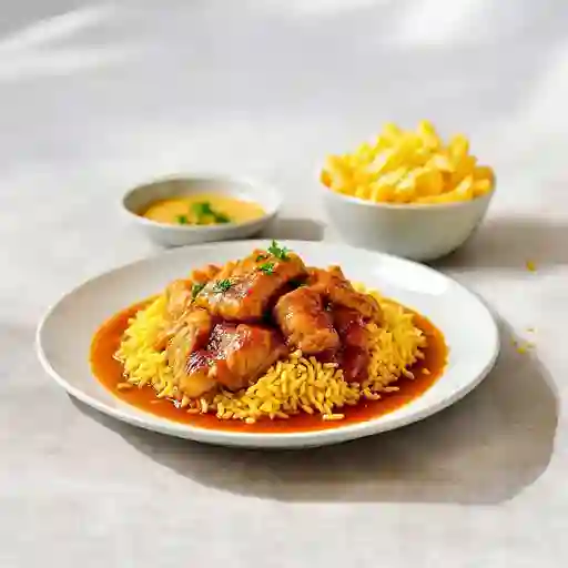 Colacion Diente De Dragon Con Pollo Cebollin +Arroz Chaufan+5 Unidades De Wantan Fritos + Bebida 350mi, Sabor Coca Cola O Fanta.