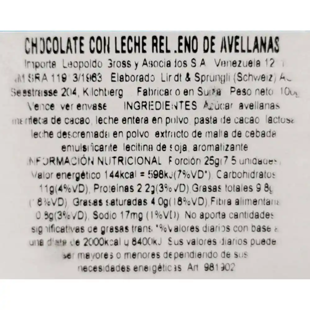 Chocolate Lindt Hazelnut 100 Gr