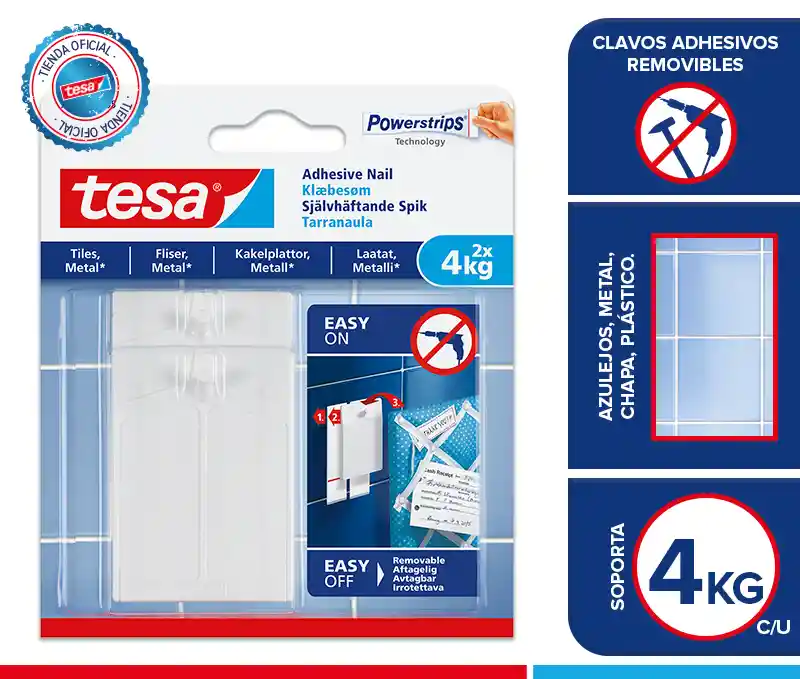 Tesa Clavo Adhesivo Powerstrips Azulejos/Vidrio/Metal 4 Kg