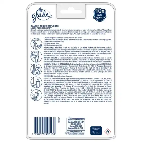 Aromatizante de Ambientes Glade Limón Refrescante + Repuesto 9 g