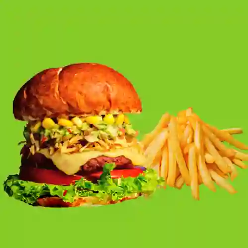 Burger Veganísima + Papas Fritas