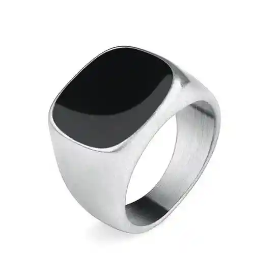 Anillo de Acero Color Plata Sello Esmalte Negro