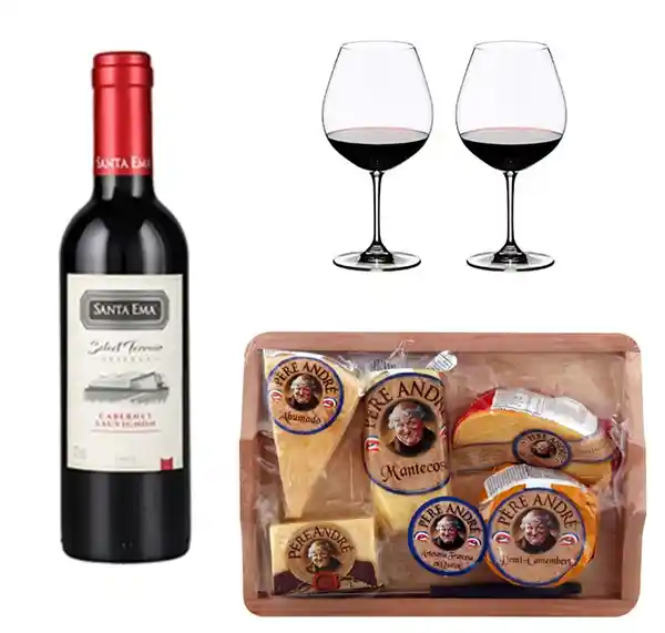 Regalo Sorpresa Santa Ema Vino Tinto Tabla 5 Quesos y Copas