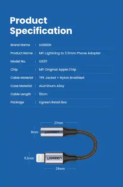 Ugreen Adaptador Lightning a Mini Jack Certificado 10 cm US211