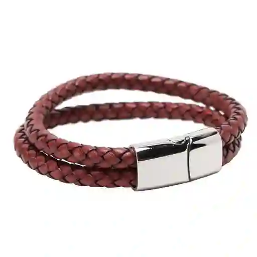 Pulsera Doble Cuero Tejido Oscuro Con Broche Magnético Rojo