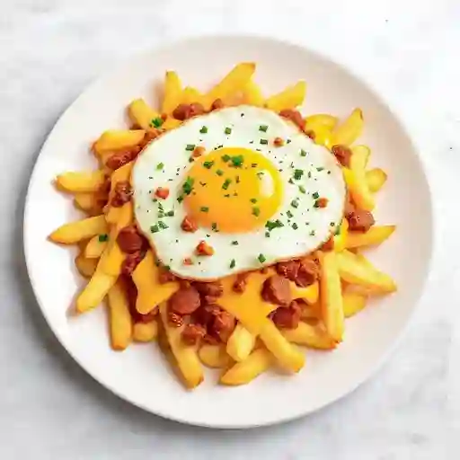 Papas Fritas + Queso Cheddar Y Gouda + Chorizo + Huevo (Elige Tamano)