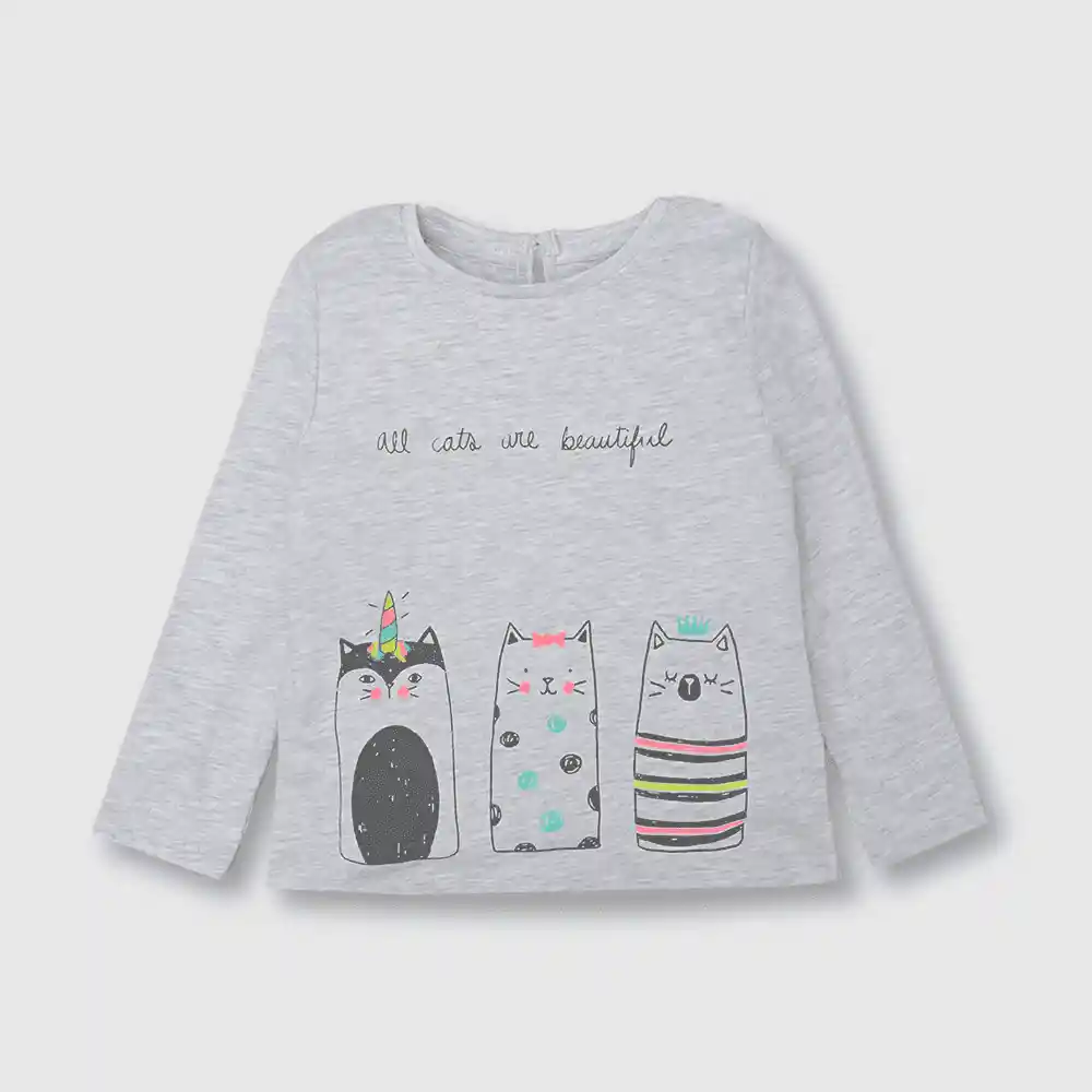 Polera Gatos De Niña Gris Talla 6/9 Meses